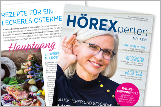 Cover des HÖREX Magazins mit Frau im Vordergrund, Rezeptseite im Hintergrund