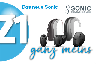 Abbildung der Hörgerätefamilie Z1 und Slogan: ganz meins